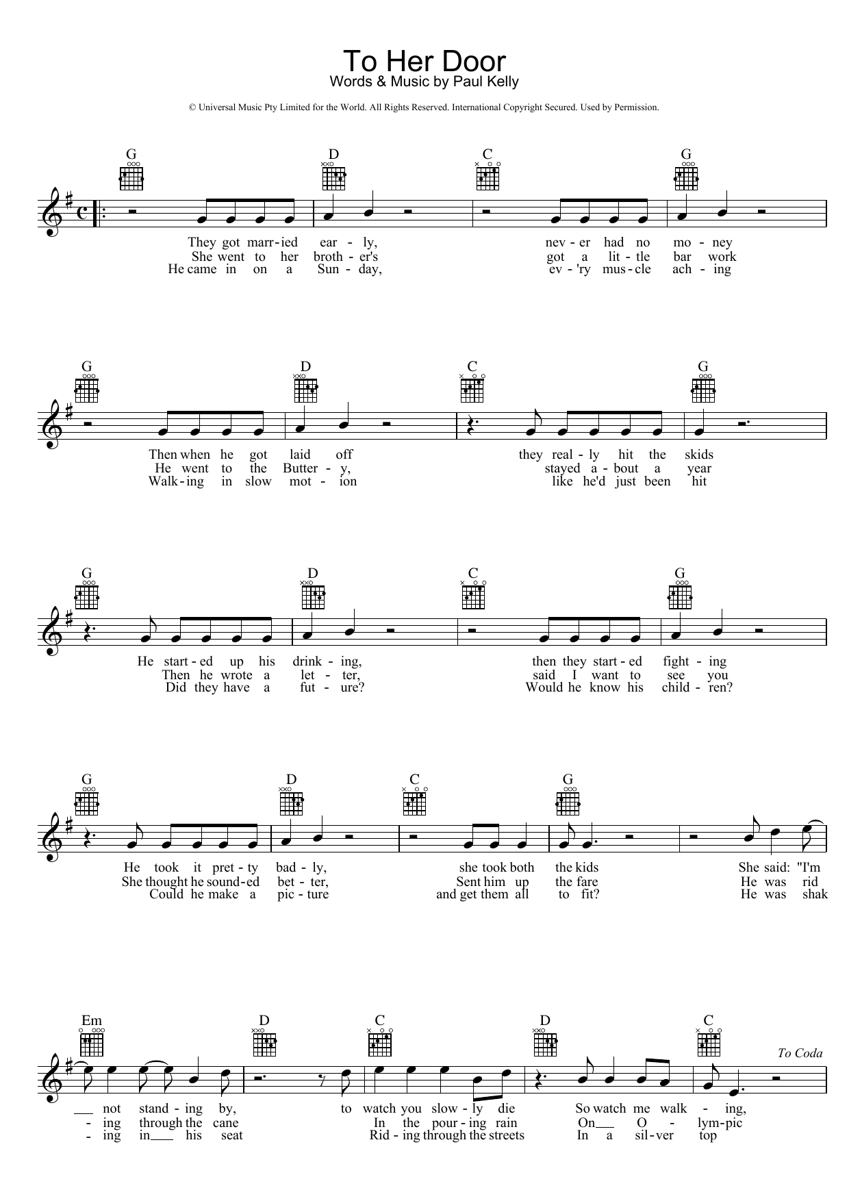 Paul Kelly To Her Door Sheet Music Notes Chords Printable
