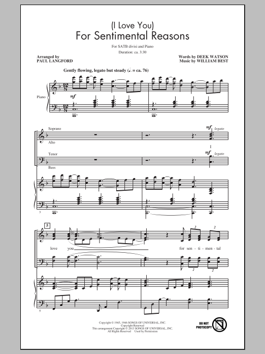 Learn to play Paul Langford (I Love You) For Sentimental Reasons sheet music for SATB Choir in minutes. Price: 3.9900$ Paul Langford (I Love You) For Sentimental Reasons sheet music notes and chords arranged for SATB Choir