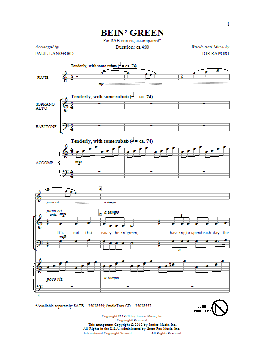 Paul Langford Bein' Green sheet music notes and chords. Download Printable PDF.