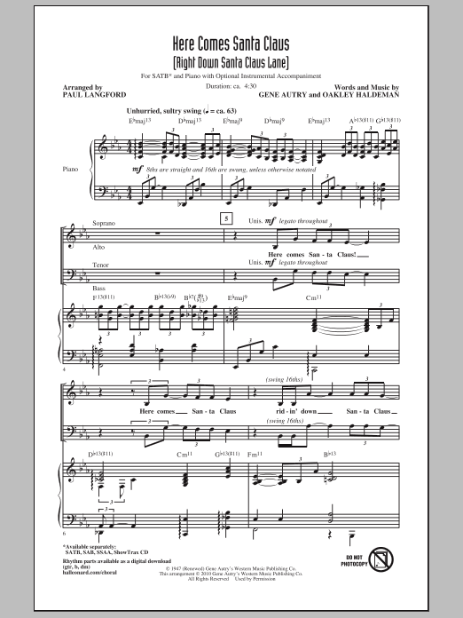 Paul Langford Here Comes Santa Claus (Right Down Santa Claus Lane) sheet music notes and chords arranged for SATB Choir