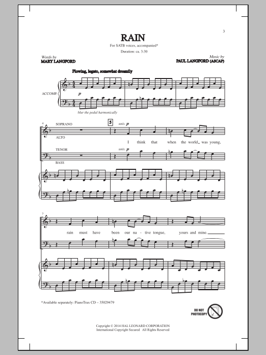 Learn to play Paul Langford Rain sheet music for SATB Choir in minutes. Paul Langford Rain sheet music notes and chords. Download Printable PDF.