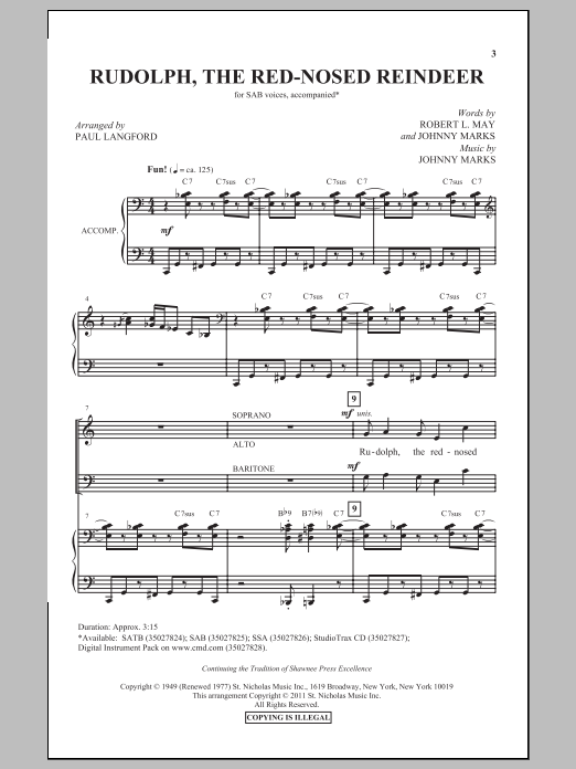 Paul Langford Rudolph The Red Nosed Reindeer Sheet Music Pdf Notes Chords Christmas Score Satb Choir Download Printable Sku 155957