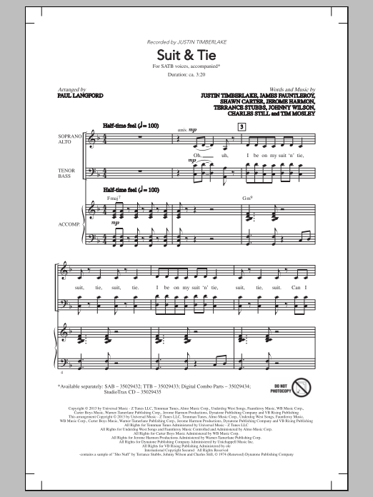 Justin Timberlake Suit & Tie (arr. Paul Langford) sheet music notes and chords. Download Printable PDF.