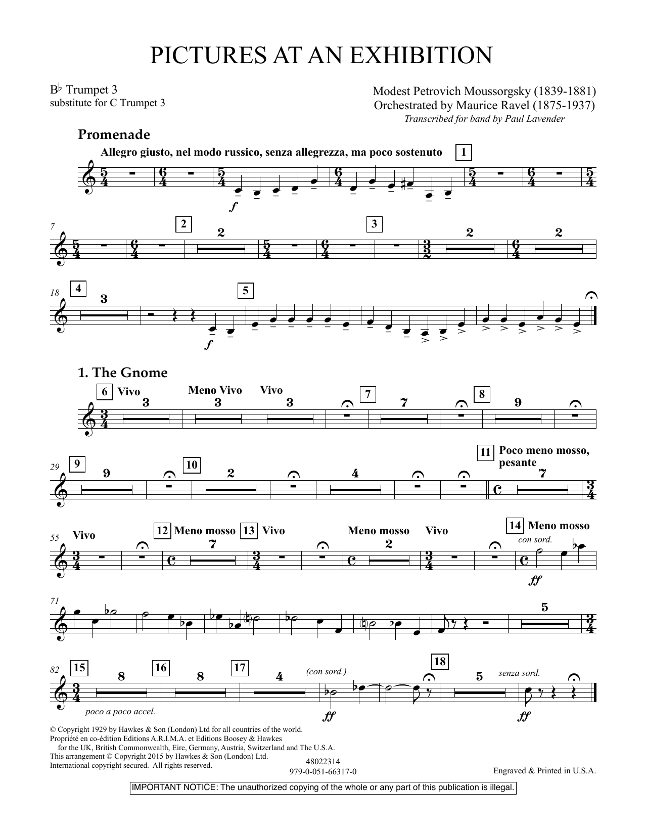 Learn to play Paul Lavender Pictures at an Exhibition - Bb Trumpet Parts - Digital Only - Bb Trumpet 3 (sub. C Tpt. 3) sheet music for Concert Band in minutes. Price: 9.9900$ Paul Lavender Pictures at an Exhibition - Bb Trumpet Parts - Digital Only - Bb Trumpet 3 (sub. C Tpt. 3) sheet music notes and chords arranged for Concert Band