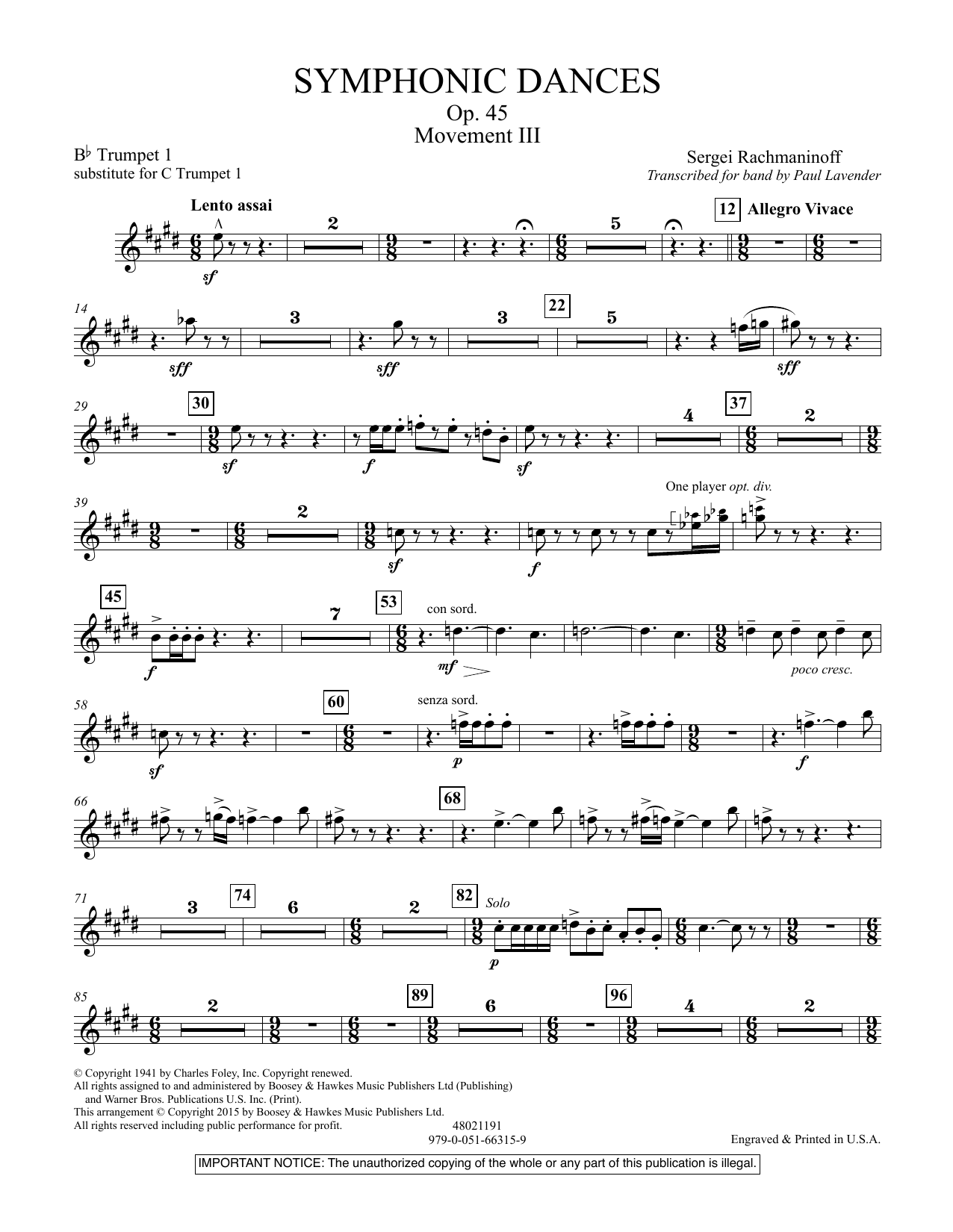 Learn to play Paul Lavender Symphonic Dances, Op.45 - Bb Trumpet Parts - Digital Only - Bb Trumpet 1 (sub. C Tpt. 1) sheet music for Concert Band in minutes. Price: 9.9900$ Paul Lavender Symphonic Dances, Op.45 - Bb Trumpet Parts - Digital Only - Bb Trumpet 1 (sub. C Tpt. 1) sheet music notes and chords arranged for Concert Band