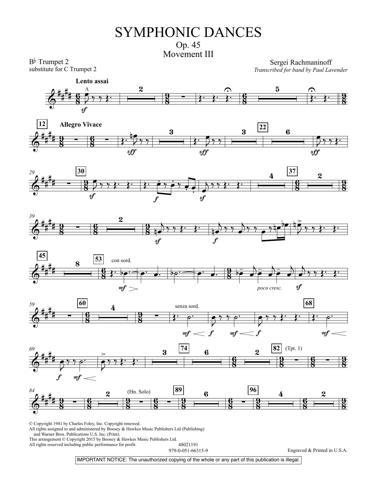 Learn to play Paul Lavender Symphonic Dances, Op.45 - Bb Trumpet Parts - Digital Only - Bb Trumpet 2 (sub. C Tpt. 2) sheet music for Concert Band in minutes. Price: 9.9900$ Paul Lavender Symphonic Dances, Op.45 - Bb Trumpet Parts - Digital Only - Bb Trumpet 2 (sub. C Tpt. 2) sheet music notes and chords arranged for Concert Band