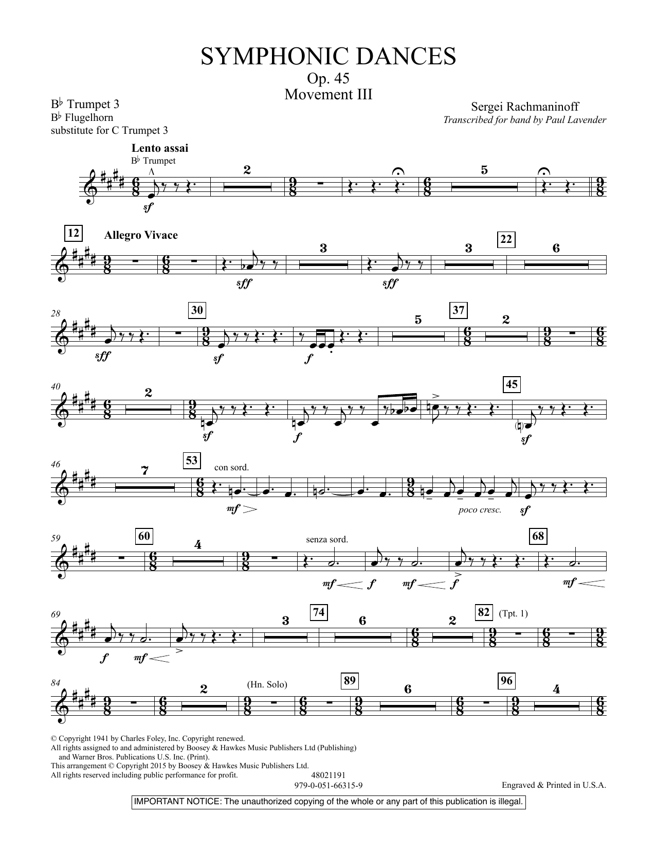 Learn to play Paul Lavender Symphonic Dances, Op.45 - Bb Trumpet Parts - Digital Only - Bb Trumpet 3 (sub. C Tpt. 3) sheet music for Concert Band in minutes. Price: 9.9900$ Paul Lavender Symphonic Dances, Op.45 - Bb Trumpet Parts - Digital Only - Bb Trumpet 3 (sub. C Tpt. 3) sheet music notes and chords arranged for Concert Band