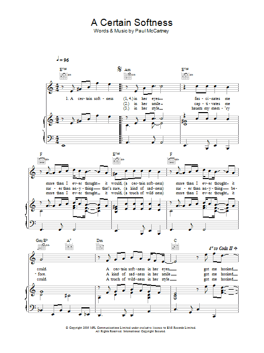 Learn to play Paul McCartney A Certain Softness sheet music for Piano, Vocal & Guitar (Right-Hand Melody) in minutes. Paul McCartney A Certain Softness sheet music notes and chords. Download Printable PDF.