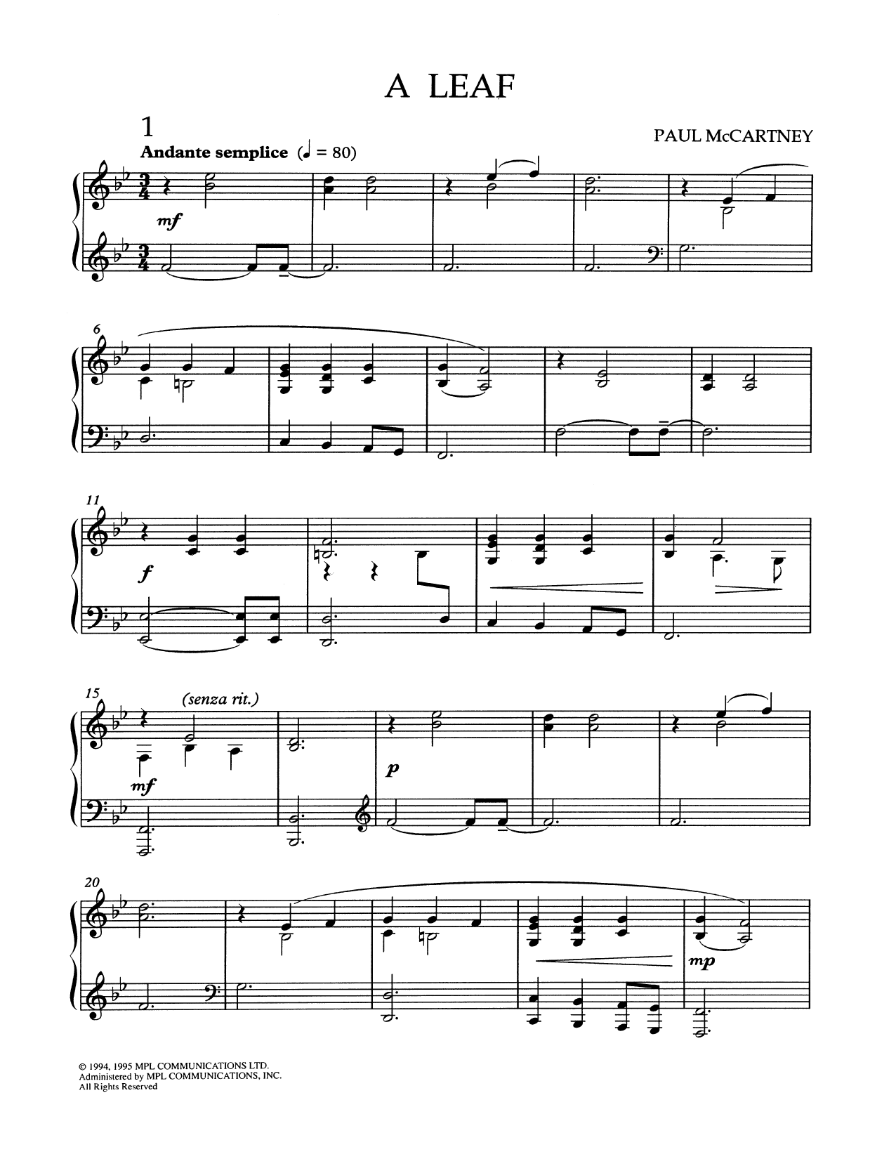 Paul McCartney A Leaf sheet music notes and chords. Download Printable PDF.