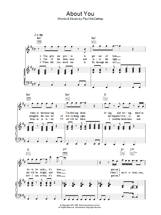 Learn to play Paul McCartney About You sheet music for Guitar Chords/Lyrics in minutes. Price: 5.8900$ Paul McCartney About You sheet music notes and chords. Download Printable PDF.