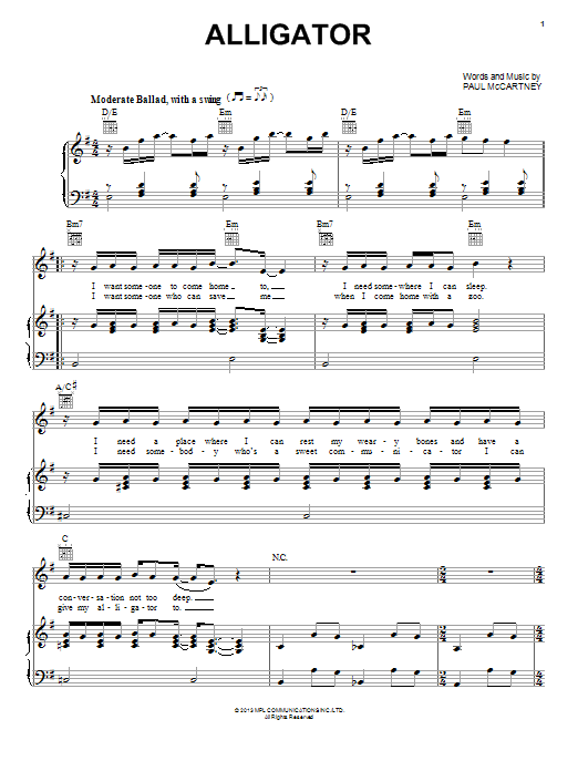 Paul McCartney Alligator sheet music notes and chords. Download Printable PDF.