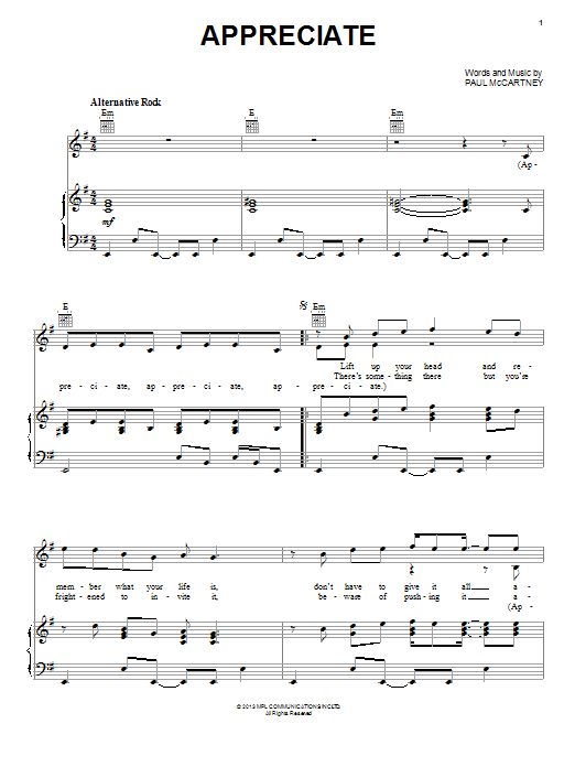 Paul McCartney Appreciate sheet music notes and chords. Download Printable PDF.