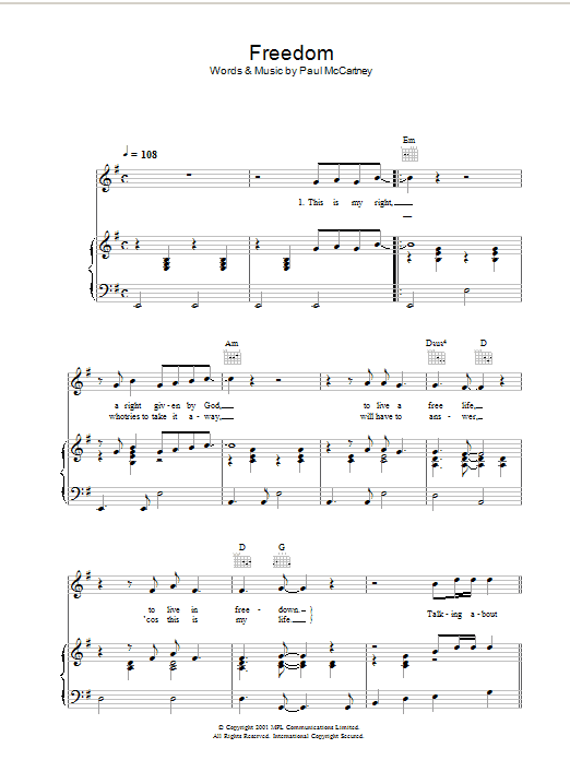 Paul McCartney Freedom sheet music notes and chords. Download Printable PDF.