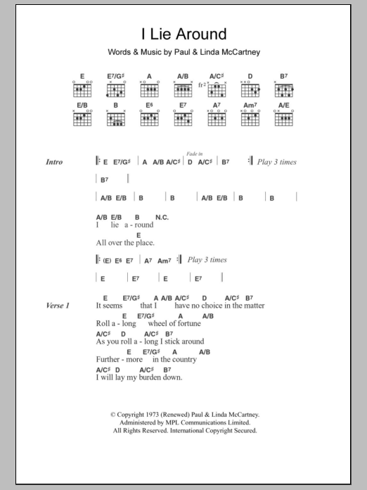 Paul McCartney I Lie Around sheet music notes and chords. Download Printable PDF.