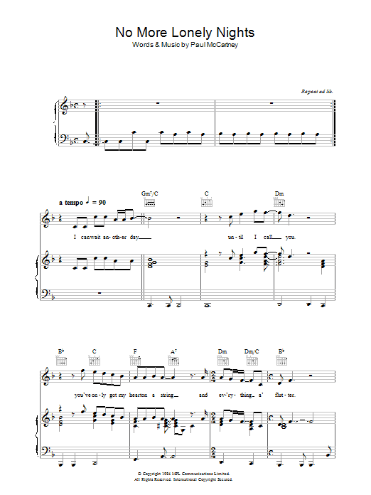 Learn to play Paul McCartney No More Lonely Nights sheet music for Easy Piano in minutes. Price: 6.9900$ Paul McCartney No More Lonely Nights sheet music notes and chords arranged for Easy Piano