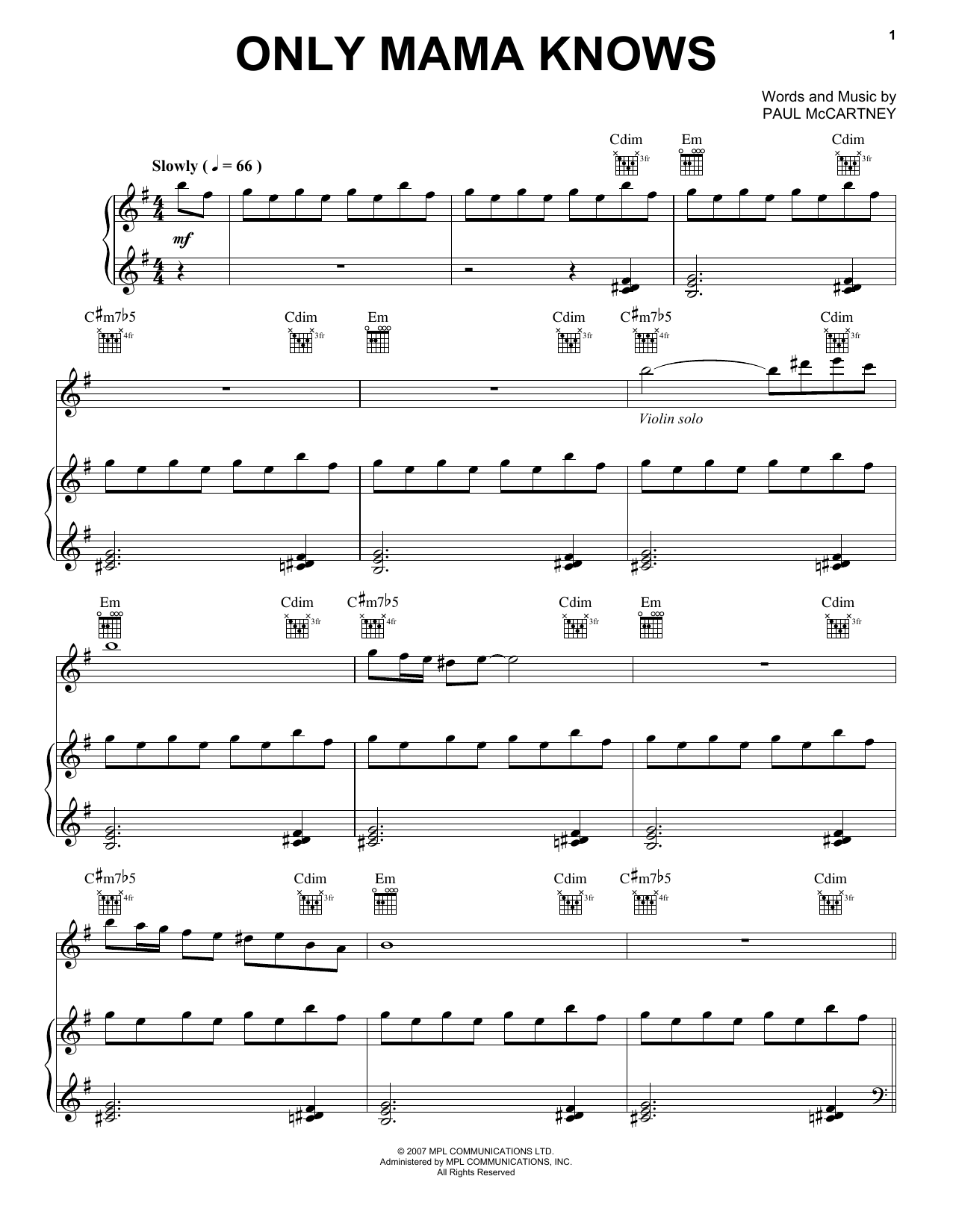 Paul McCartney Only Mama Knows sheet music notes and chords. Download Printable PDF.