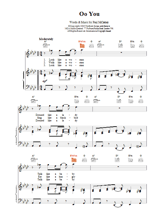 Learn to play Paul McCartney Oo You sheet music for Piano, Vocal & Guitar (Right-Hand Melody) in minutes. Paul McCartney Oo You sheet music notes and chords
