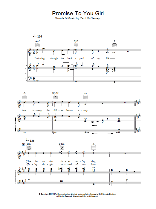 Learn to play Paul McCartney Promise To You Girl sheet music for Piano, Vocal & Guitar (Right-Hand Melody) in minutes. Paul McCartney Promise To You Girl sheet music notes and chords. Download Printable PDF.