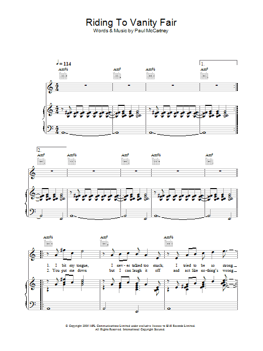 Learn to play Paul McCartney Riding To Vanity Fair sheet music for Piano, Vocal & Guitar (Right-Hand Melody) in minutes. Paul McCartney Riding To Vanity Fair sheet music notes and chords. Download Printable PDF.