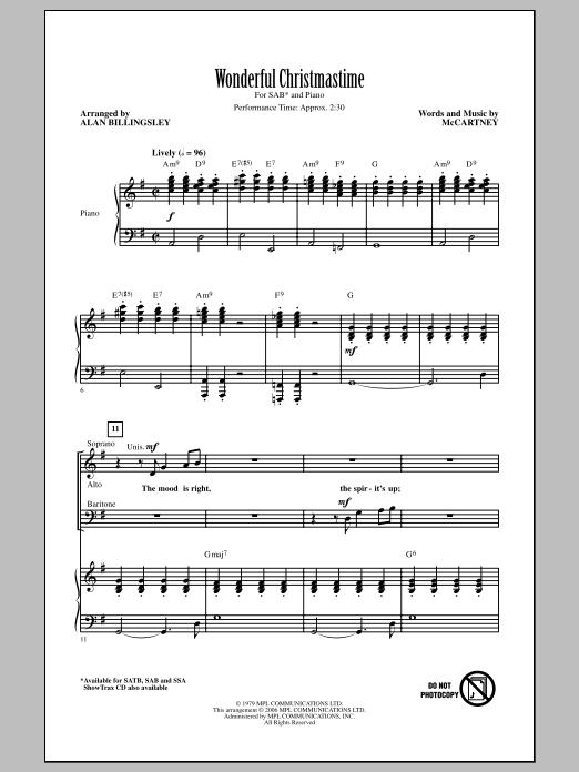 Learn to play Paul McCartney Wonderful Christmastime (arr. Alan Billingsley) sheet music for SSA Choir in minutes. Paul McCartney Wonderful Christmastime (arr. Alan Billingsley) sheet music notes and chords. Download Printable PDF.