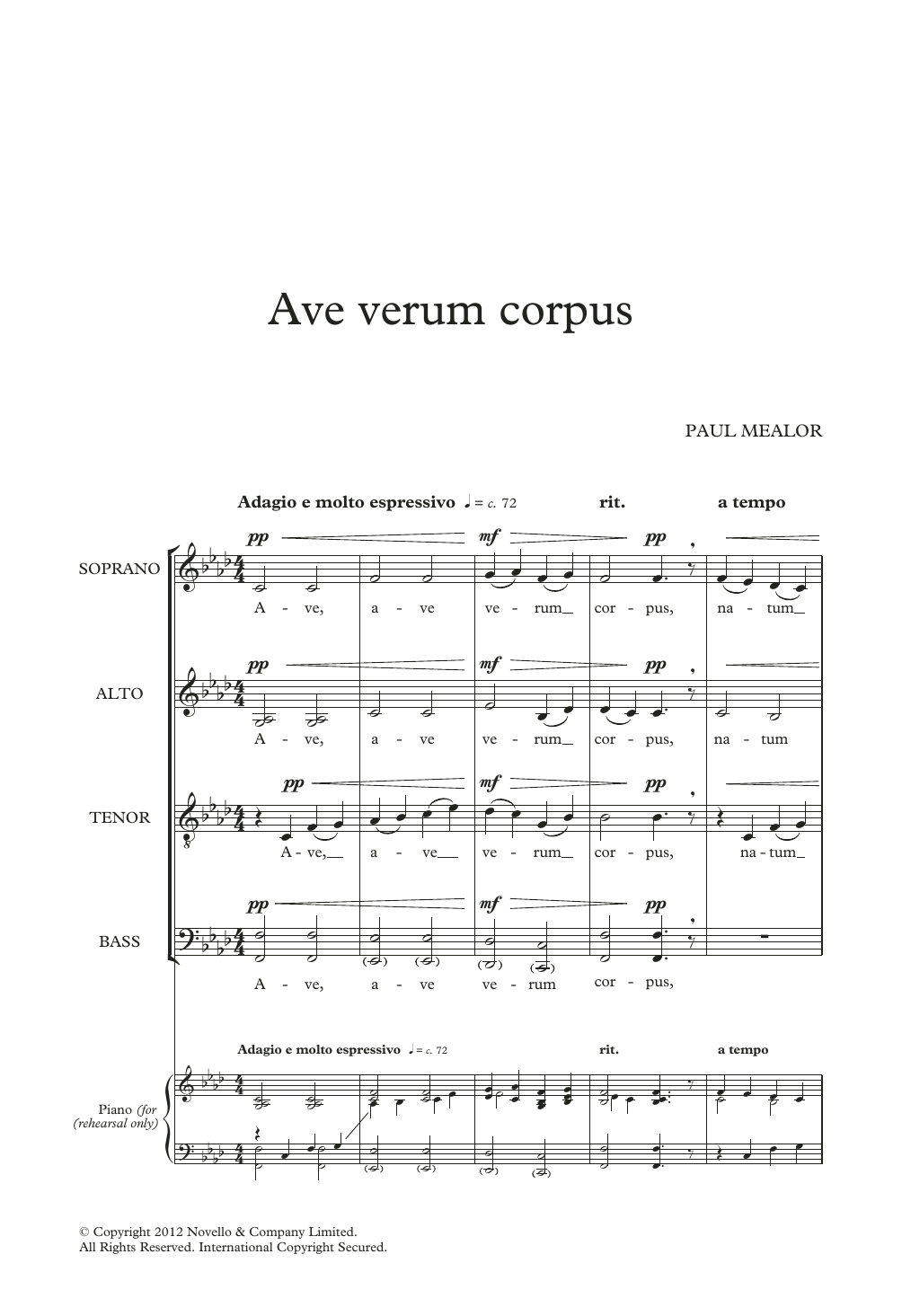 Learn to play Paul Mealor Ave Verum Corpus sheet music for SATB Choir in minutes. Price: 3.9900$ Paul Mealor Ave Verum Corpus sheet music notes and chords arranged for SATB Choir
