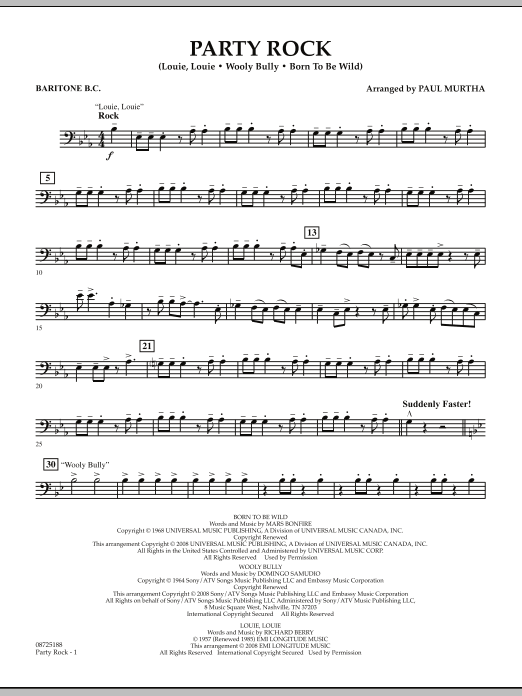 Learn to play Paul Murtha Party Rock - Baritone B.C. sheet music for Concert Band in minutes. Price: 7.8900$ Paul Murtha Party Rock - Baritone B.C. sheet music notes and chords arranged for Concert Band