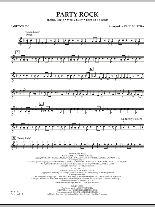 Learn to play Paul Murtha Party Rock - Baritone T.C. sheet music for Concert Band in minutes. Price: 7.8900$ Paul Murtha Party Rock - Baritone T.C. sheet music notes and chords arranged for Concert Band