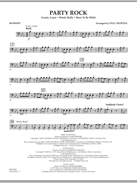Learn to play Paul Murtha Party Rock - Bassoon sheet music for Concert Band in minutes. Price: 7.8900$ Paul Murtha Party Rock - Bassoon sheet music notes and chords arranged for Concert Band