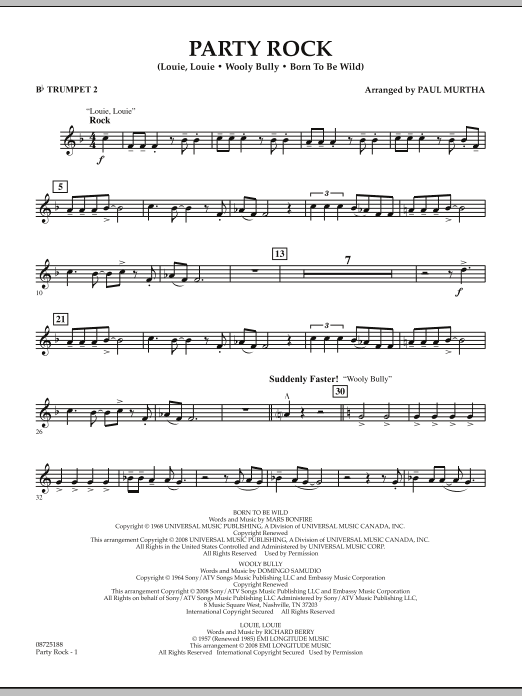 Learn to play Paul Murtha Party Rock - Bb Trumpet 2 sheet music for Concert Band in minutes. Price: 7.8900$ Paul Murtha Party Rock - Bb Trumpet 2 sheet music notes and chords arranged for Concert Band