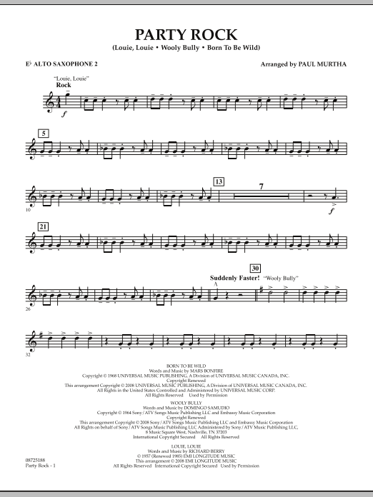 Learn to play Paul Murtha Party Rock - Eb Alto Saxophone 2 sheet music for Concert Band in minutes. Price: 7.8900$ Paul Murtha Party Rock - Eb Alto Saxophone 2 sheet music notes and chords arranged for Concert Band
