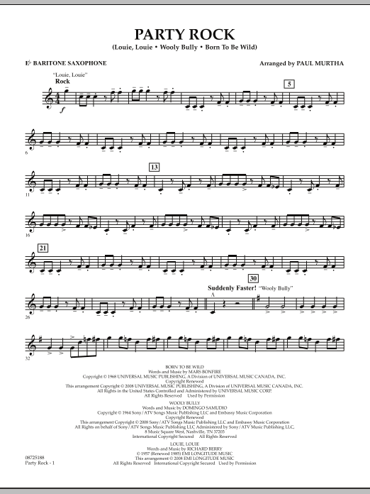 Learn to play Paul Murtha Party Rock - Eb Baritone Saxophone sheet music for Concert Band in minutes. Price: 7.8900$ Paul Murtha Party Rock - Eb Baritone Saxophone sheet music notes and chords arranged for Concert Band