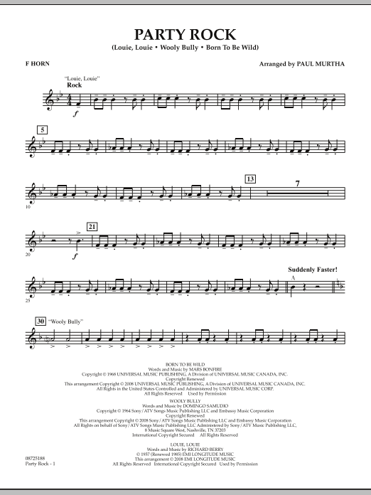 Learn to play Paul Murtha Party Rock - F Horn sheet music for Concert Band in minutes. Price: 7.8900$ Paul Murtha Party Rock - F Horn sheet music notes and chords arranged for Concert Band