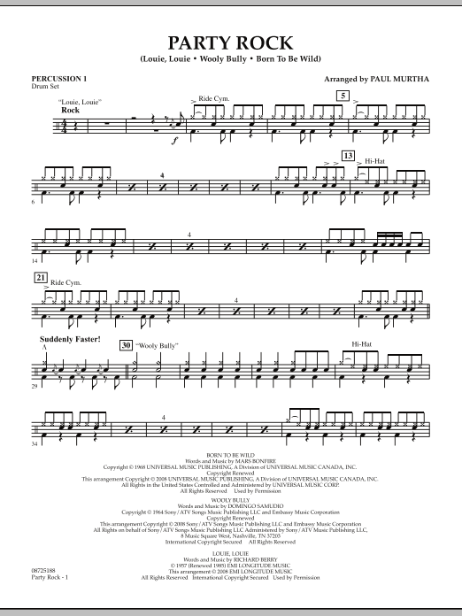 Learn to play Paul Murtha Party Rock - Percussion 1 sheet music for Concert Band in minutes. Price: 7.8900$ Paul Murtha Party Rock - Percussion 1 sheet music notes and chords arranged for Concert Band