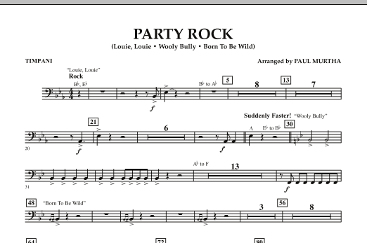 Learn to play Paul Murtha Party Rock - Timpani sheet music for Concert Band in minutes. Price: 7.8900$ Paul Murtha Party Rock - Timpani sheet music notes and chords arranged for Concert Band