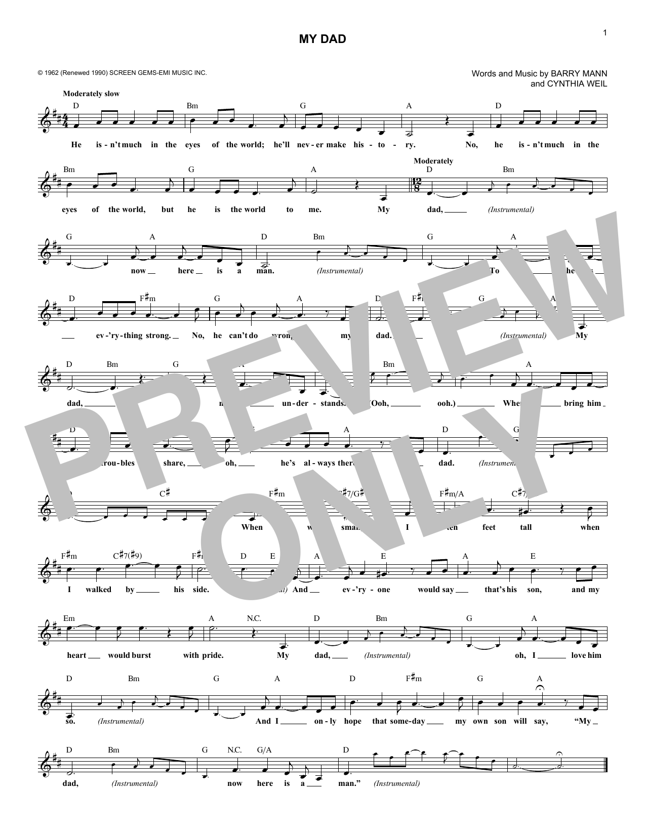 Paul Petersen 'My Dad' Sheet Music, Chords &amp; Lyrics | Download ...
