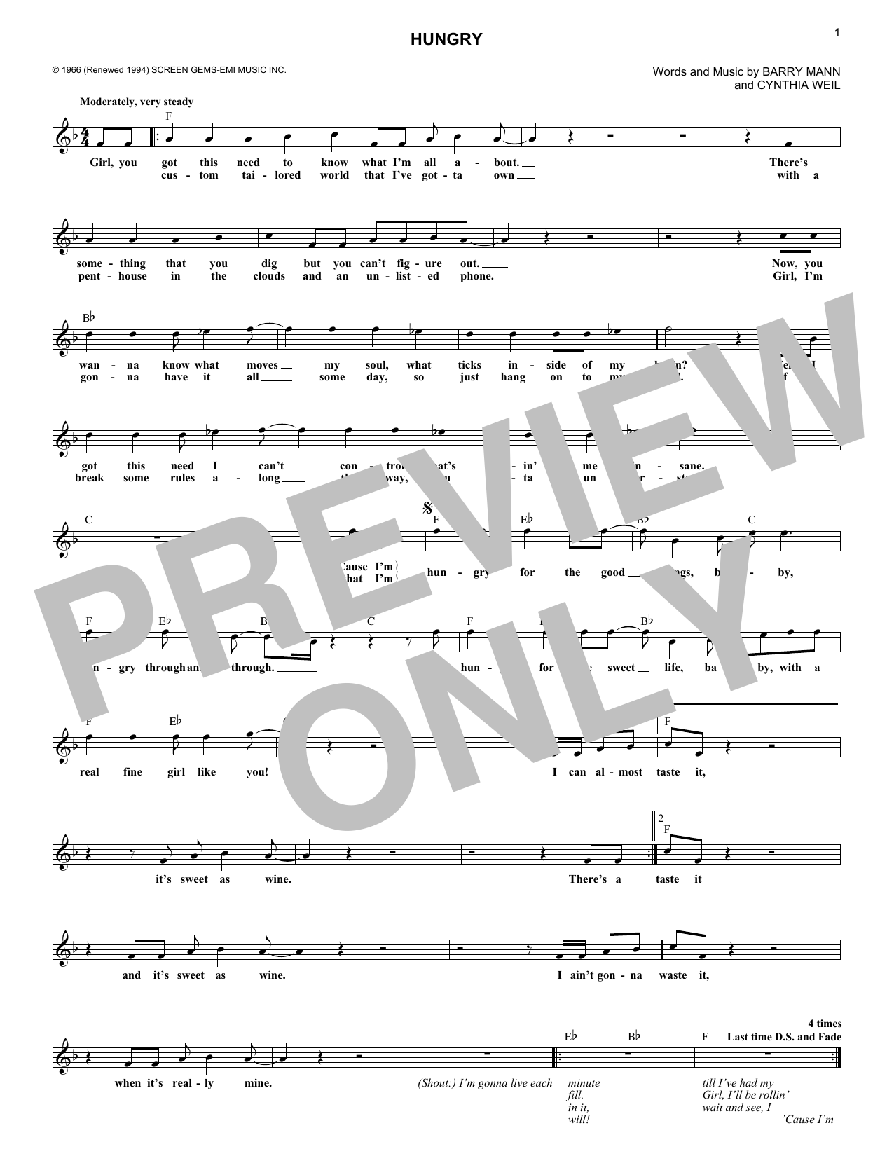 Paul Revere & The Raiders Hungry sheet music notes and chords. Download Printable PDF.