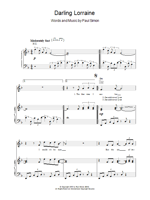 Paul Simon Darling Lorraine sheet music for Piano, Vocal & Guitar (Right-Hand Melody) in minutes. Price: 7.8900$ Paul Simon Darling Lorraine sheet music notes and chords. Download Printable PDF.