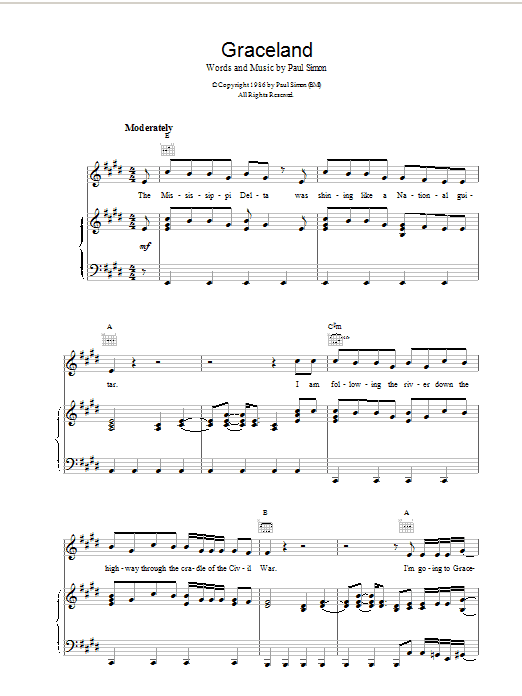 Paul Simon Graceland sheet music notes and chords. Download Printable PDF.
