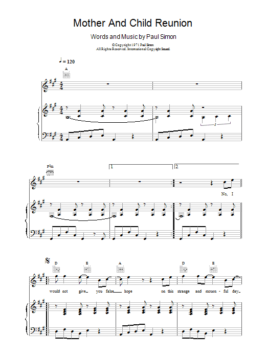 Paul Simon Mother And Child Reunion sheet music notes and chords. Download Printable PDF.