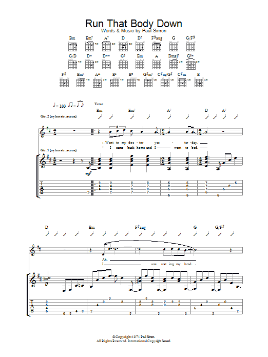 Learn to play Paul Simon Run That Body Down sheet music for Guitar Tab in minutes. Paul Simon Run That Body Down sheet music notes and chords. Download Printable PDF.