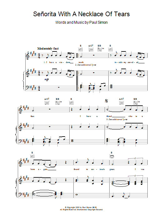 Paul Simon Señorita with a Necklace of Tears sheet music notes and chords. Download Printable PDF.