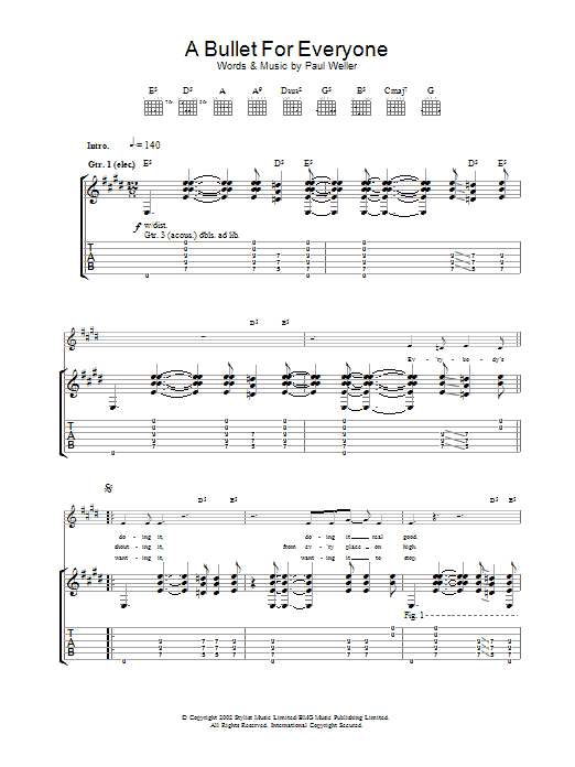 Learn to play Paul Weller A Bullet For Everyone sheet music for Lead Sheet / Fake Book in minutes. Price: 5.9900$ Paul Weller A Bullet For Everyone sheet music notes and chords arranged for Lead Sheet / Fake Book