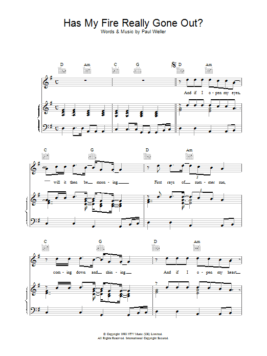 Learn to play Paul Weller Has My Fire Really Gone Out? sheet music for Piano, Vocal & Guitar (Right-Hand Melody) in minutes. Paul Weller Has My Fire Really Gone Out? sheet music notes and chords. Download Printable PDF.