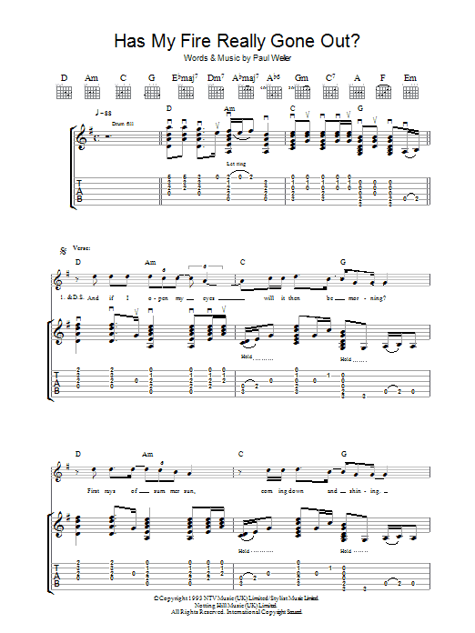 Learn to play Paul Weller Has My Fire Really Gone Out? sheet music for Guitar Tab in minutes. Paul Weller Has My Fire Really Gone Out? sheet music notes and chords. Download Printable PDF.