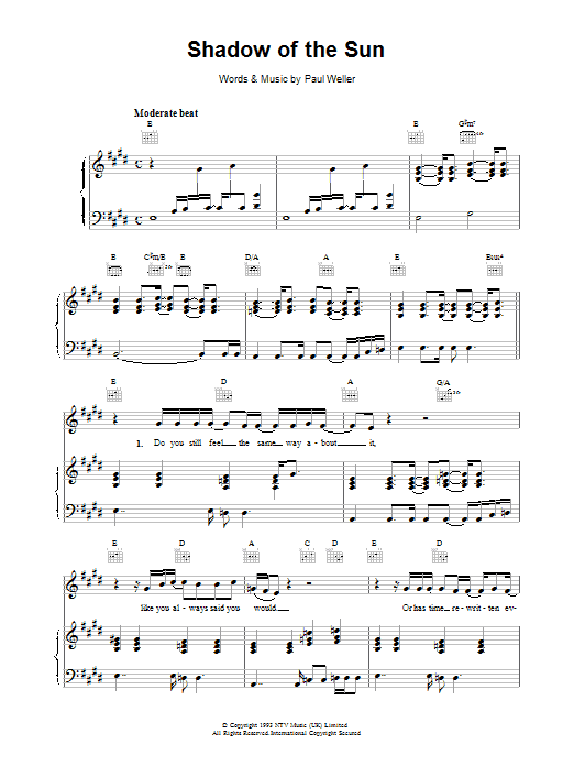 Paul Weller Shadow Of The Sun sheet music for Piano, Vocal & Guitar in minutes. Price: 7.8900$ Paul Weller Shadow Of The Sun sheet music notes and chords. Download Printable PDF.