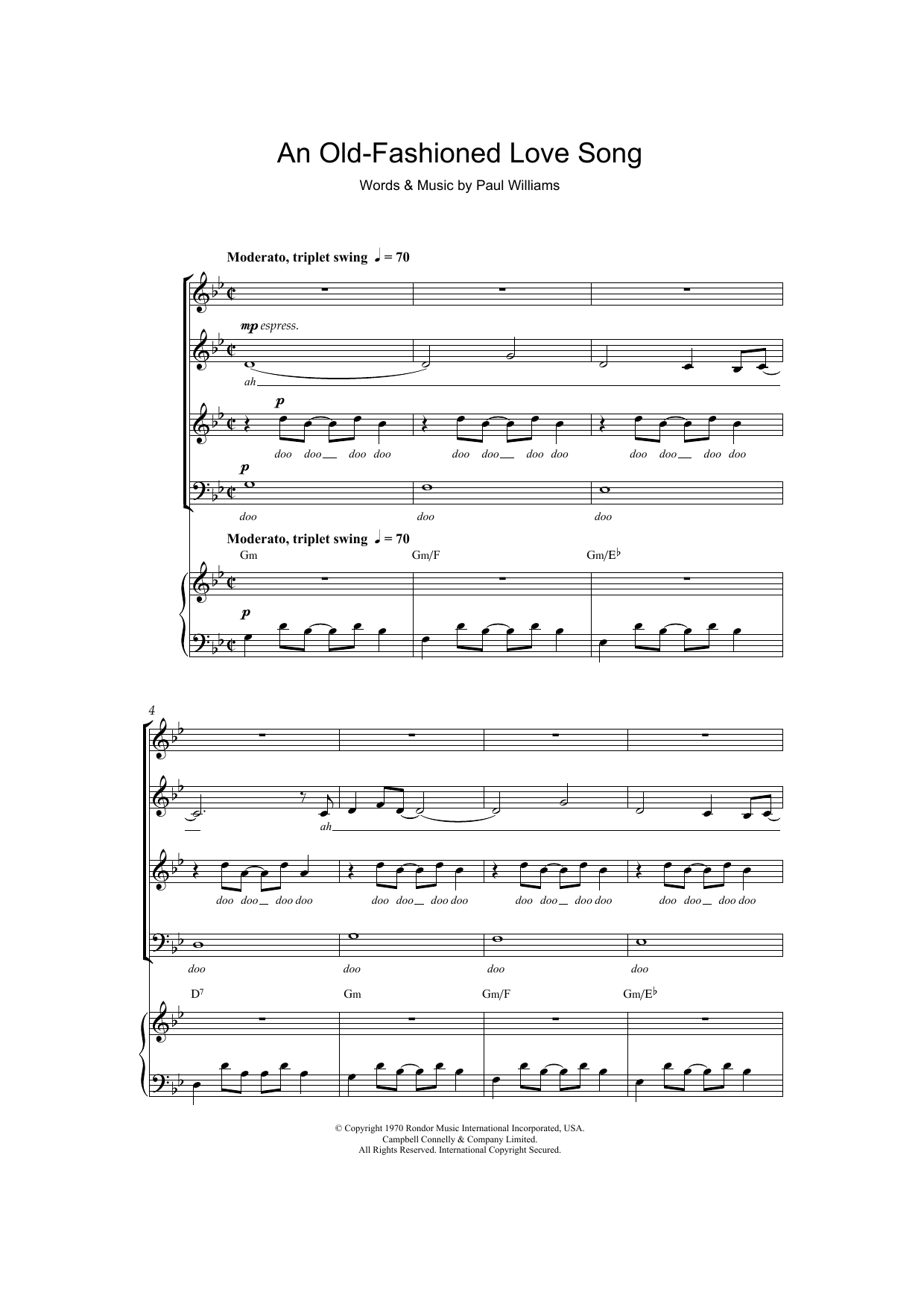 Learn to play Paul Williams An Old Fashioned Love Song sheet music for SATB Choir in minutes. Price: 3.9900$ Paul Williams An Old Fashioned Love Song sheet music notes and chords arranged for SATB Choir