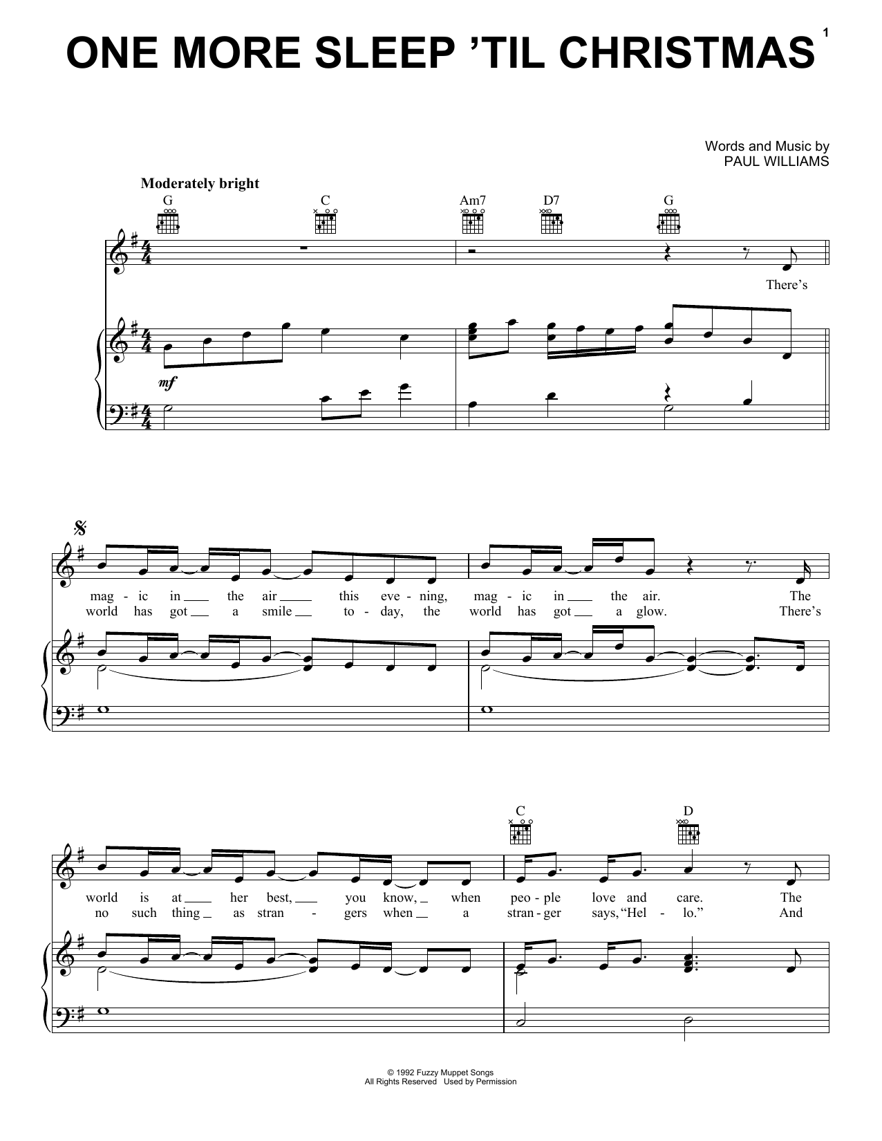 Paul Williams One More Sleep Til Christmas Sheet Music Pdf Notes Chords Children Score Piano Vocal Guitar Right Hand Melody Download Printable Sku