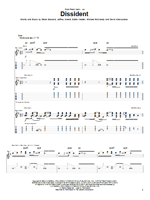 Pearl Jam Dissident sheet music notes and chords. Download Printable PDF.