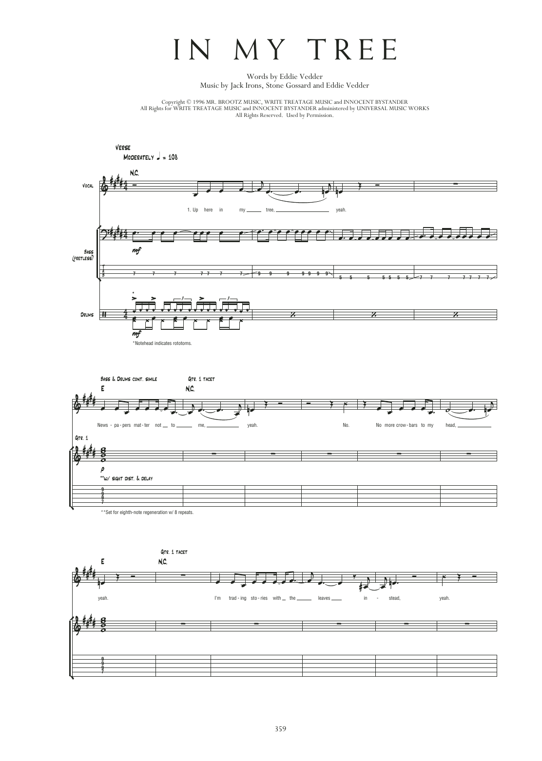 Pearl Jam In My Tree sheet music notes and chords. Download Printable PDF.