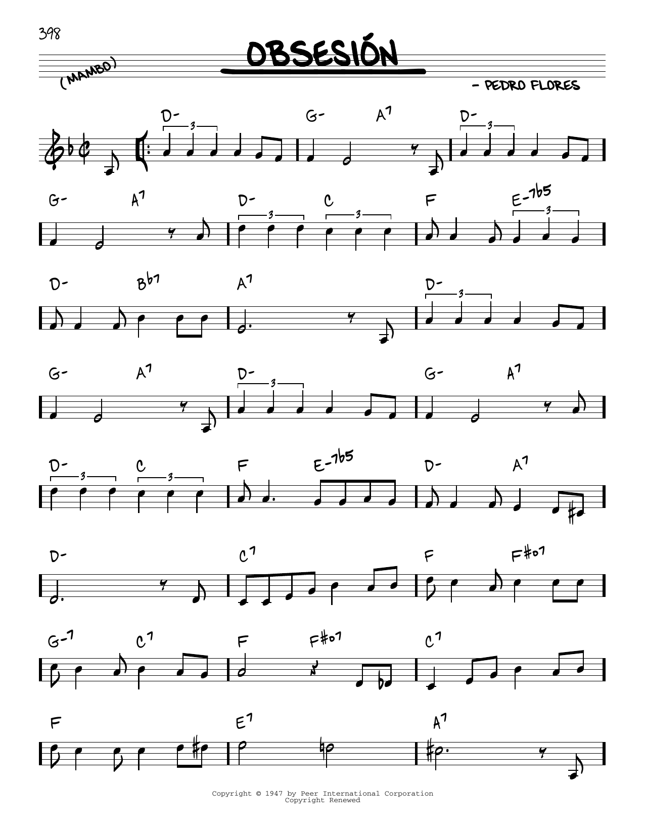 Learn to play Pedro Flores Obsesión sheet music for Real Book – Melody & Chords in minutes. Pedro Flores Obsesión sheet music notes and chords. Download Printable PDF.